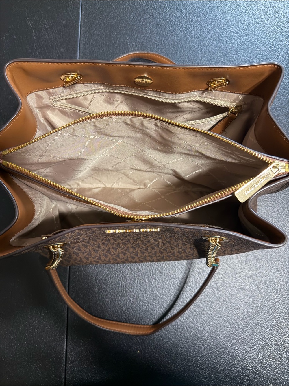 Michael Kors Dark Brown Signature Tote with Gold Chain Handles - Picture 3 of 8